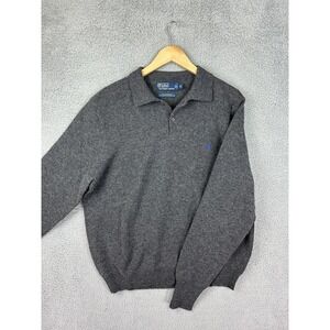 Polo Ralph Lauren Sweater Mens XL Gray Lambswool Polo Collar Pullover Blue Pony